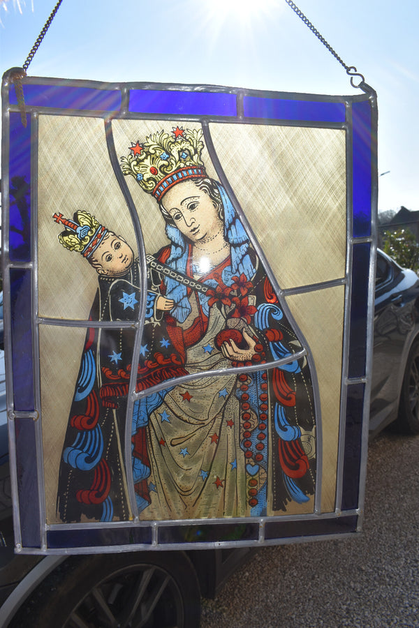 Antique Stained glass window panel Sterre Der Zee madonna Maastricht religious