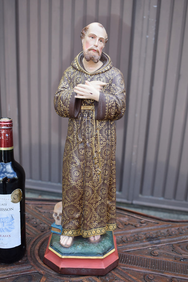 Antique French chalk Statue of saint francis with book skull rare religion