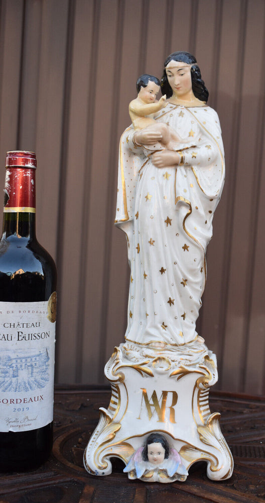 Antique french Large 16.5" Vieux paris porcelain madonna statue angel rare