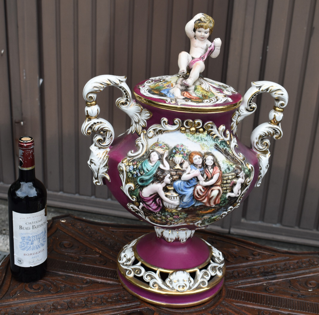 Vintage XL capodimonte marked porcelain centerpiece vase bowl putti satyr
