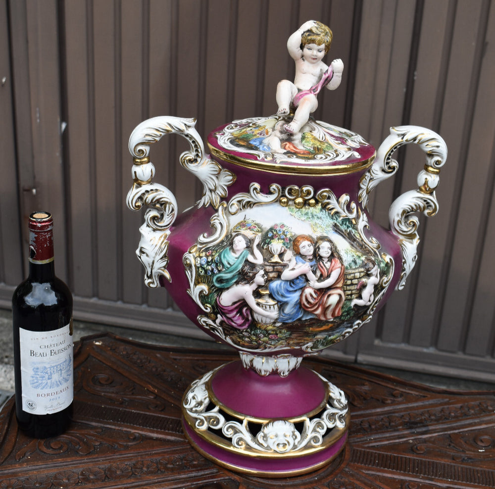 Vintage XL capodimonte marked porcelain centerpiece vase bowl putti satyr