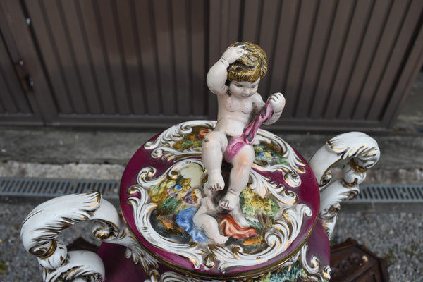 Vintage XL capodimonte marked porcelain centerpiece vase bowl putti satyr