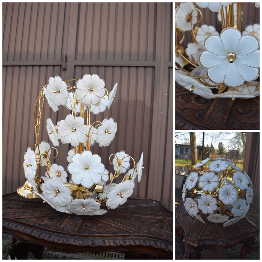 Vintage italian white murano glass flower chandelier lamp 1970s