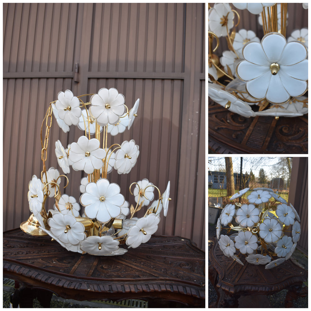 Vintage italian white murano glass flower chandelier lamp 1970s