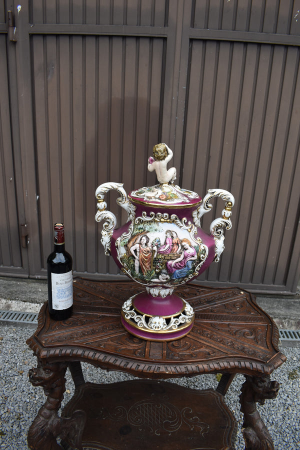 Vintage XL capodimonte marked porcelain centerpiece vase bowl putti satyr