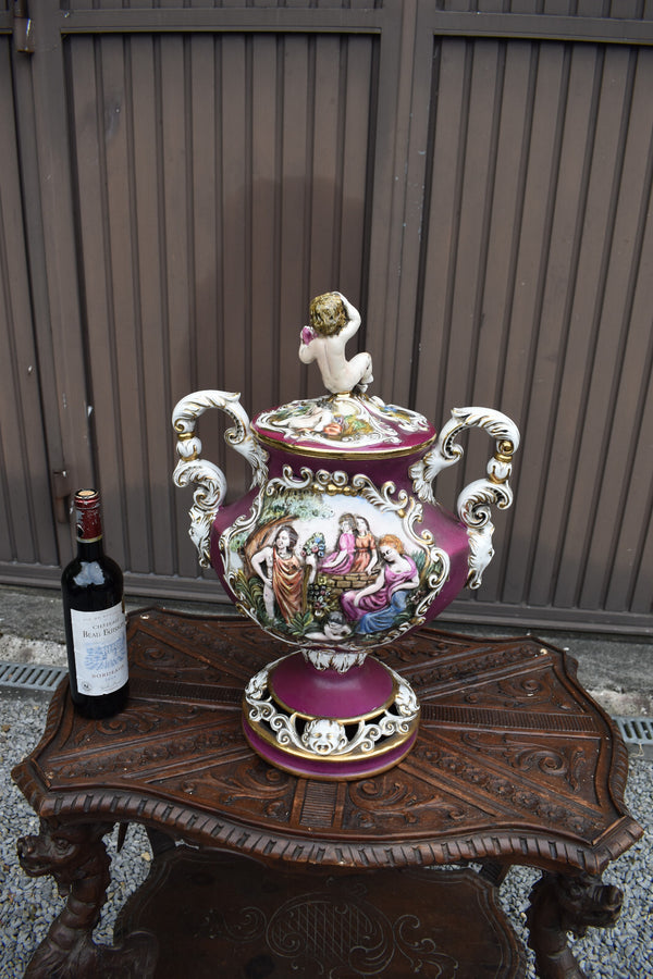 Vintage XL capodimonte marked porcelain centerpiece vase bowl putti satyr