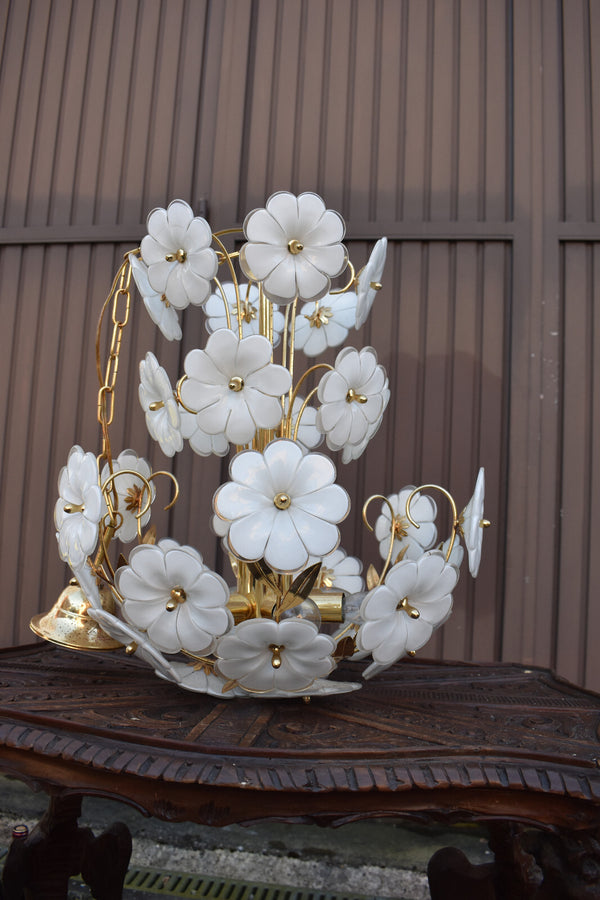 Vintage italian white murano glass flower chandelier lamp 1970s