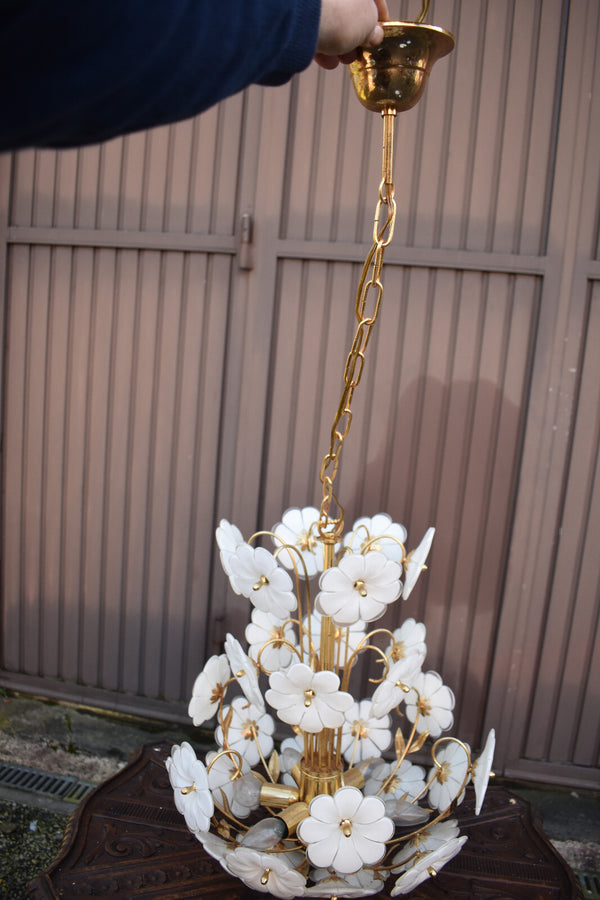 Vintage italian white murano glass flower chandelier lamp 1970s