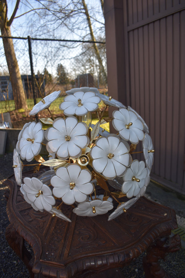 Vintage italian white murano glass flower chandelier lamp 1970s