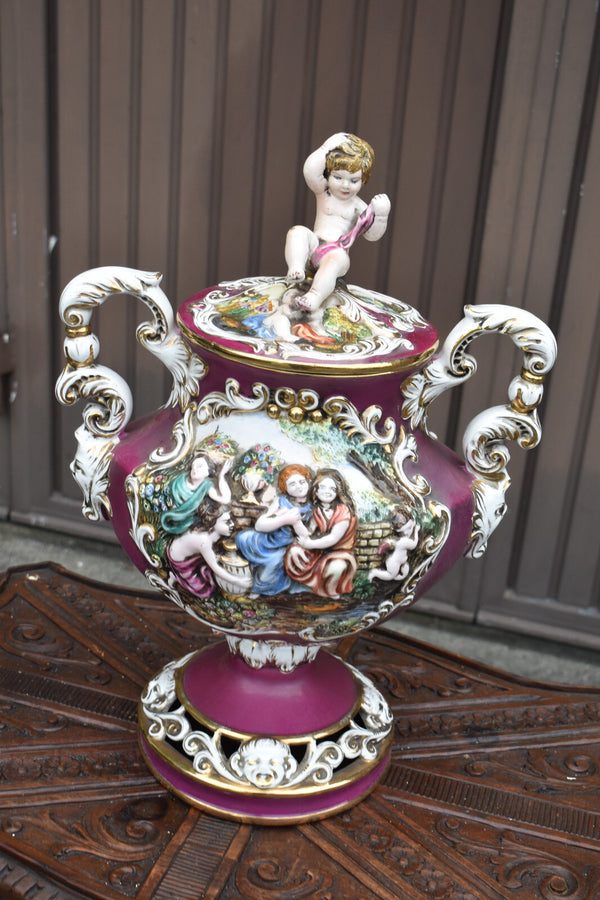 Vintage XL capodimonte marked porcelain centerpiece vase bowl putti satyr