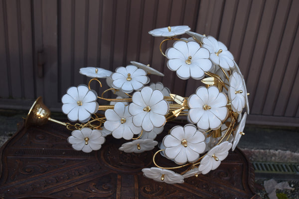 Vintage italian white murano glass flower chandelier lamp 1970s
