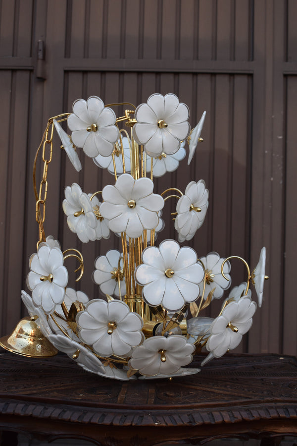 Vintage italian white murano glass flower chandelier lamp 1970s