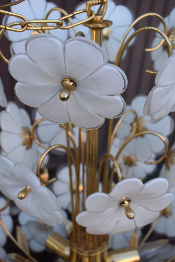 Vintage italian white murano glass flower chandelier lamp 1970s