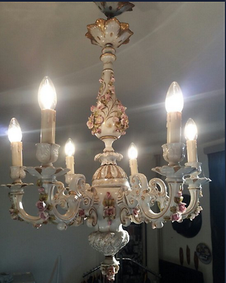 Capodimonte porcelain VTG italian 60's chandelier 6 arms marked floral decor
