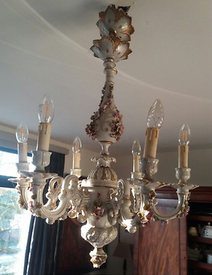 Capodimonte porcelain VTG italian 60's chandelier 6 arms marked floral decor