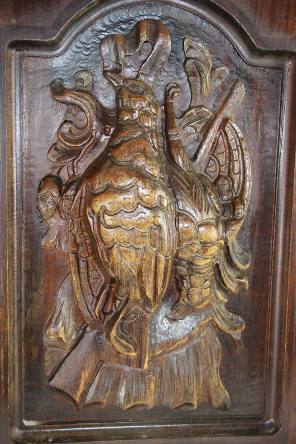 PAIR antique Black Forest wood carved hunting cabinet door panels bird no1