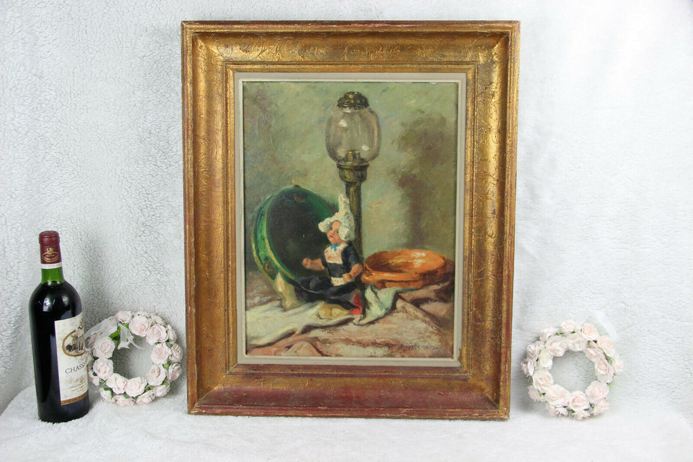 Flemish school oil canvas painting Signed artist play doll still life vintage