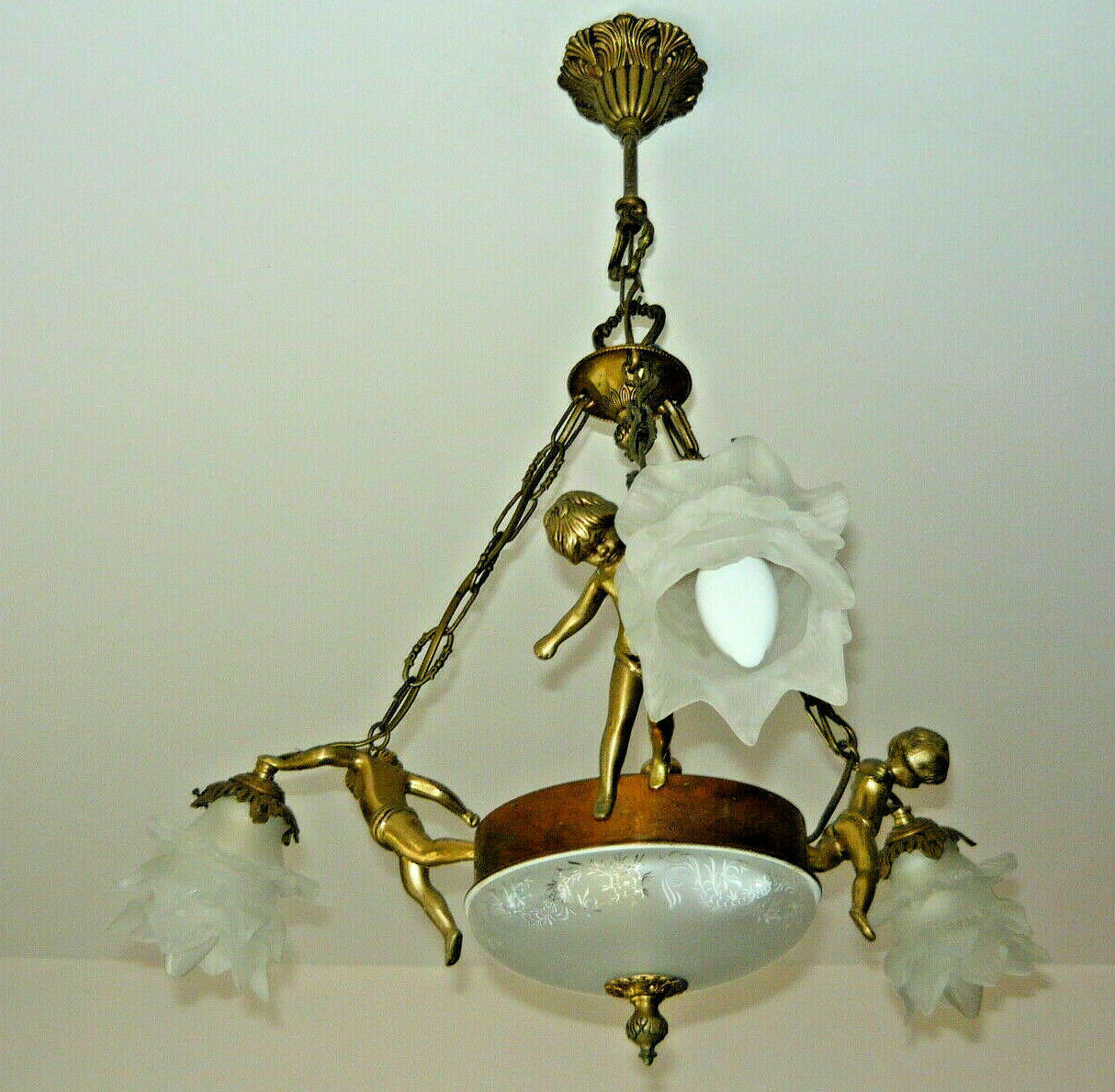 French Mathieu signed bronze glass 3 putti angels chandelier pendant