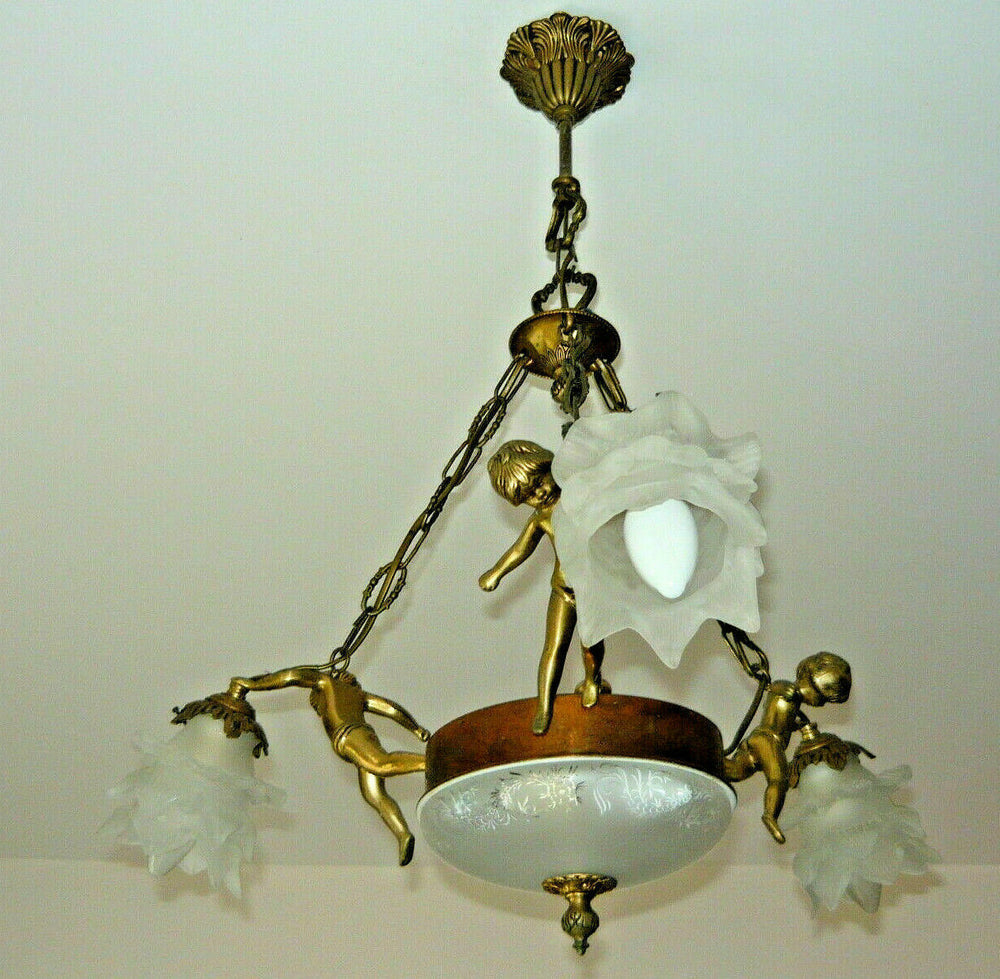 French Mathieu signed bronze glass 3 putti angels chandelier pendant