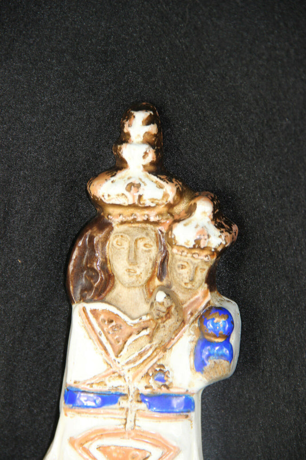 Ceramic 1950 Madonna religious figurine signed GEURIN polychrome