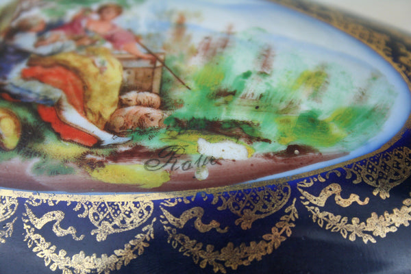 Antique Cobalt blue porcelain bonbonniere box victorian scene marked