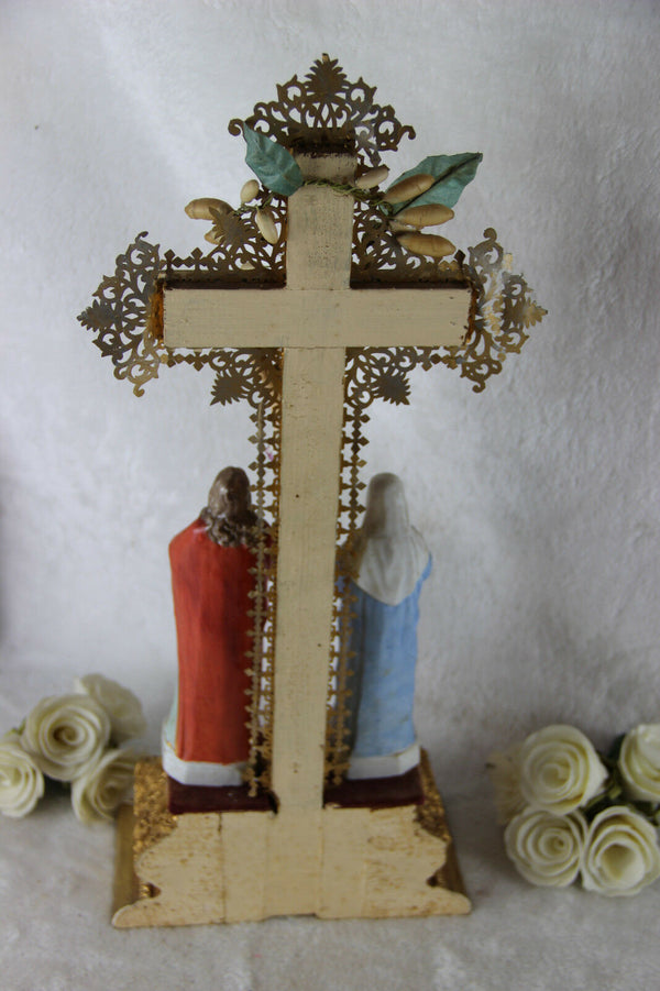 Antique French Crucifix porcelain figurines Calvary chalkware christ 1920's