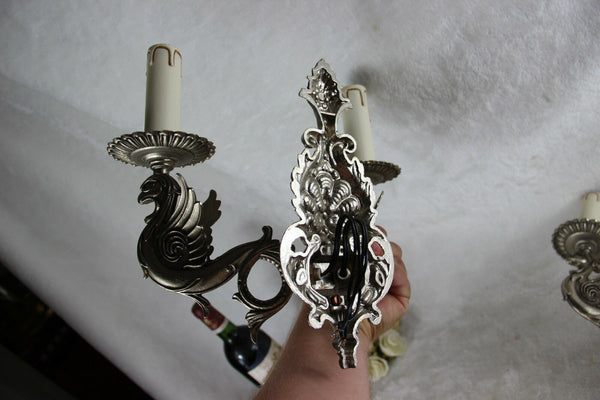 PAIR French gothic castle Dragon Chimaera Wall lights sconces silver patina