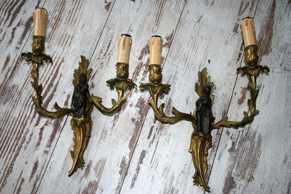 Unusual PAIR Bronze Japanese vtg sconces wall lights bronze figurines geisha man