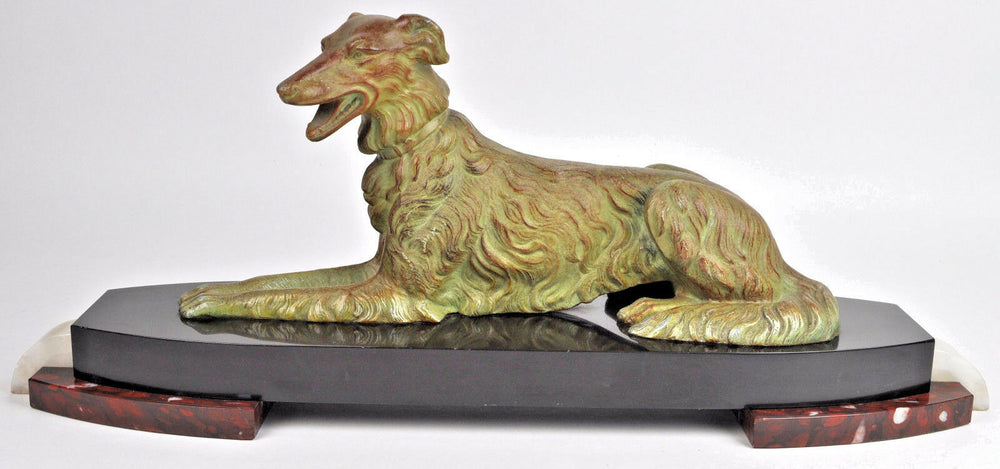 XL ART DECO 1930 French Whippet greyhound Spelter green bronze patina marble