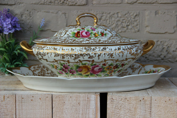 Large French floral sevres porcelain soupiere soup tureen on plate floral decor