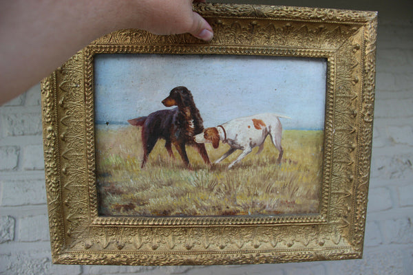 PAIR Antique oil canvas paintings hunting dogs field signed 1914
