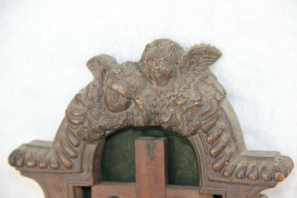1800 Antique french wood carved Jansenist Christ Curicifix wall plaque putti