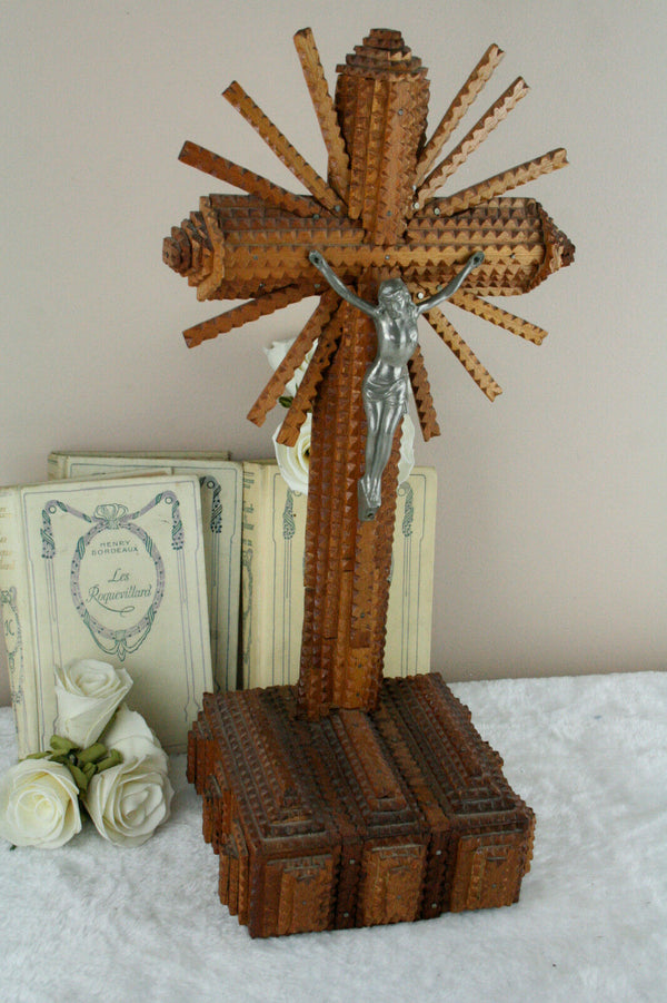 French antique crucifix wood tramp art 1945 hand made cross christ religious