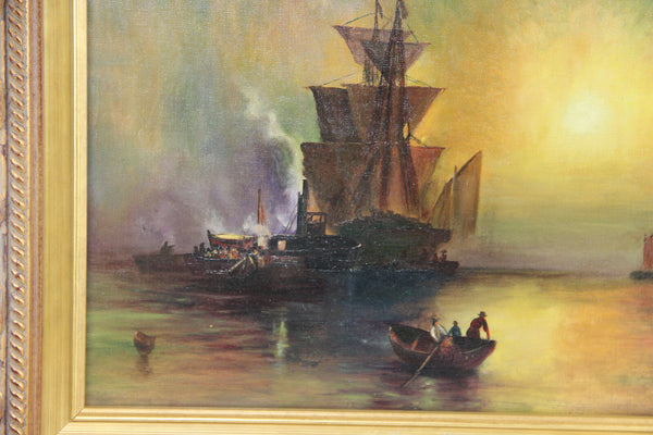 Gorgeous Flemish oil canvas 1933 Signed Painting Maritime Ship boats
