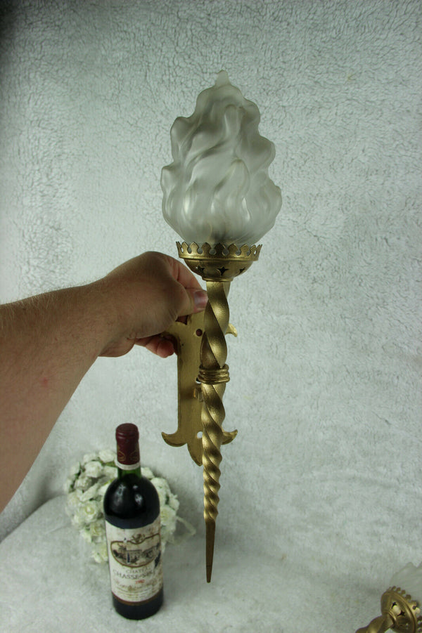PAIR French cast iron gothic castle Flame shade sconces Wall lights 1950
