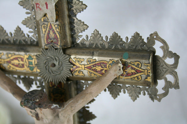 Antique French Plaster chalkware crucifix calvary biscuit Mary MAgdalena Christ
