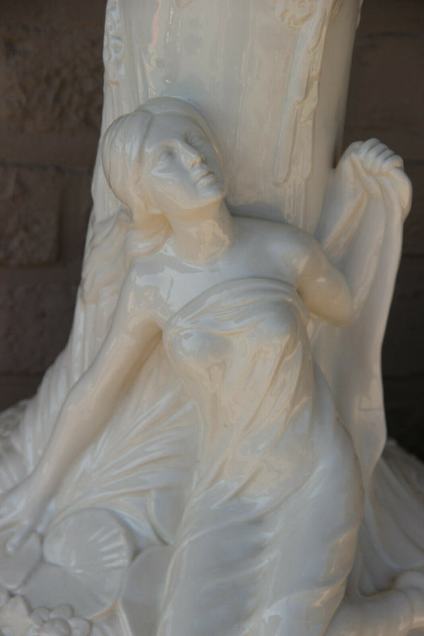 XL French art nouveau porcelain white Lady nymph Satyr head floral Vase