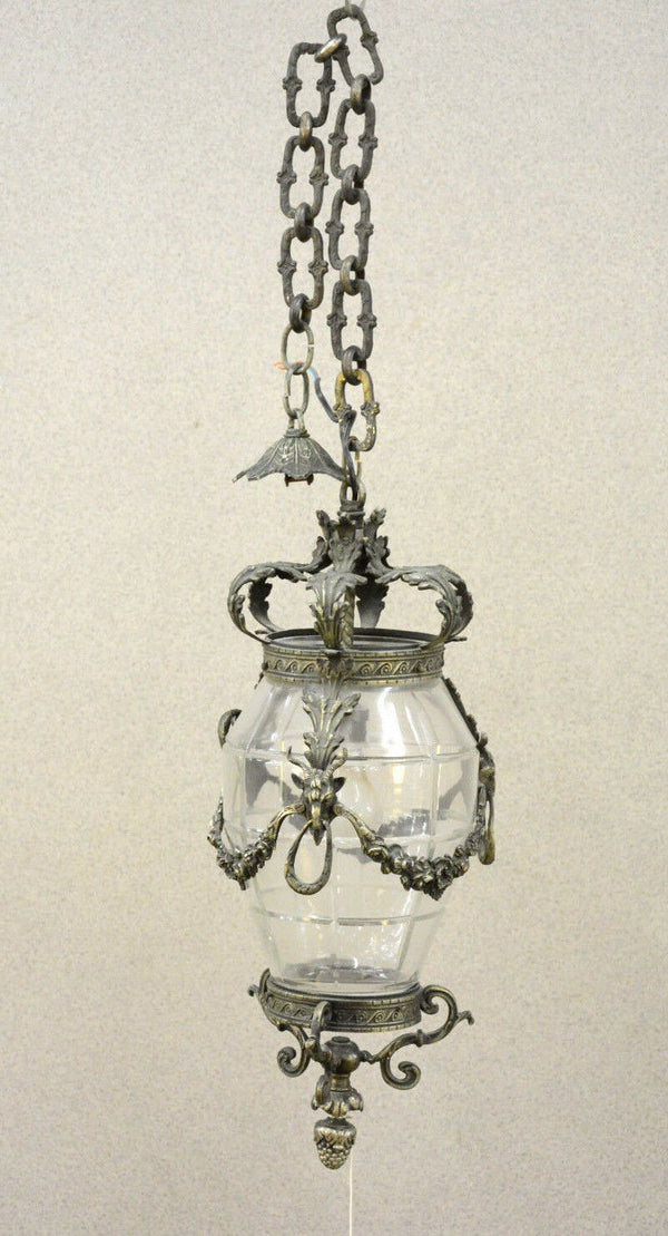 Antique Belgian Bronze Val saint lambert crystal glass chandelier lantern ram