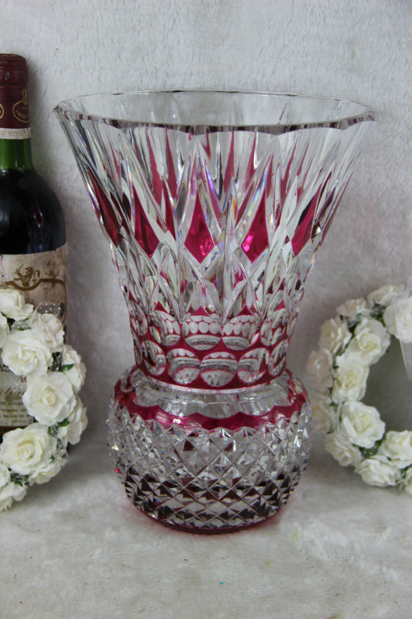 Belgian VAL SAINT LAMBERT Crystal glass ruby red clear cut diamond vase heavy