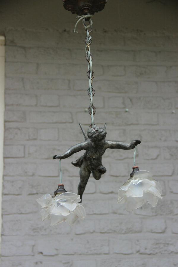 Superb antique parisian spelter bronze putti angel pendant lantern chandelier