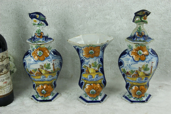Set 3 Antique Delft polychrome pottery vases set farm landscape dutch decor mark