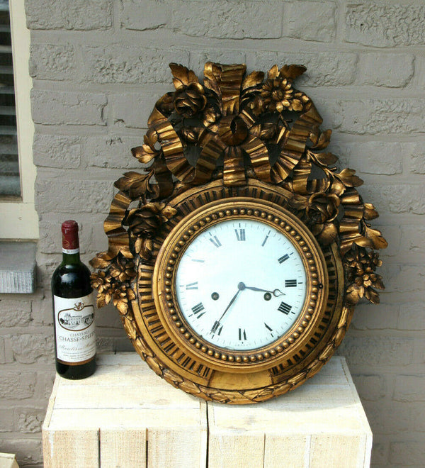 HUGE Antique black forest  Wood carved Wall clock Floral decor rare
