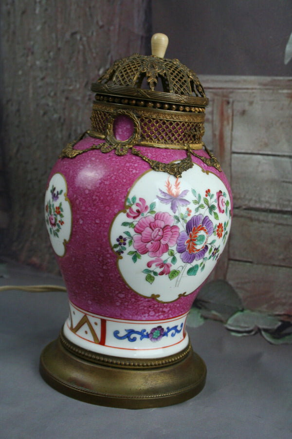 rare Porcelain German 1950's Lamp flowers table bronze