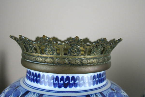 PAIR 1900 Delft Boch pottery Vases with birds bronze frames satyr devil heads