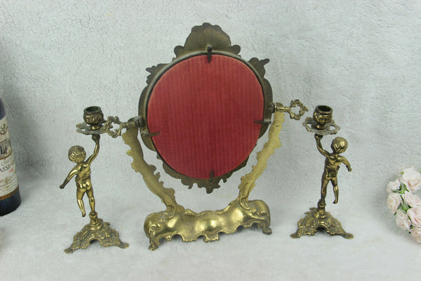 Antique French vanity Bronze brass putti Mirror candle holder set make up