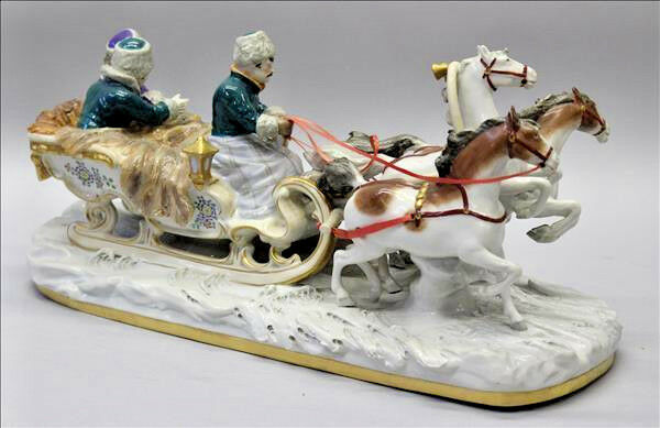 XXL Rare Scheibe Alsbach Porcelain Horse  Carriage Figural Group Sled marked