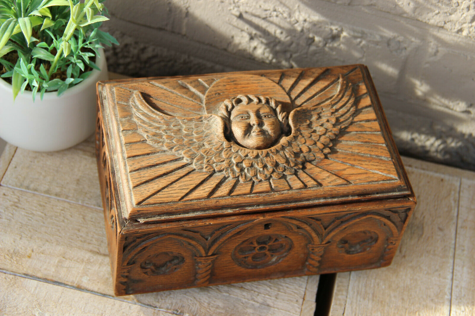 Antique religious church wood carved neo gothic religious putti angel  Box