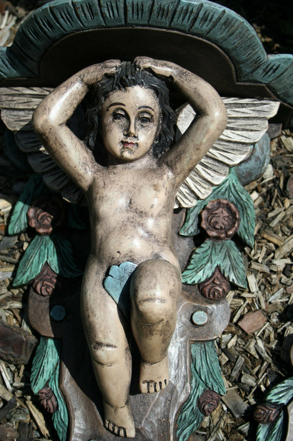 Pair Vintage Italian wood carved Cherubs Wall Console polychrome