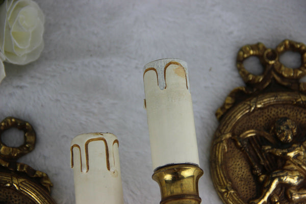 Gorgeous pair 1960's Putti angels cherubs Wall lights sconces brass louis XVI