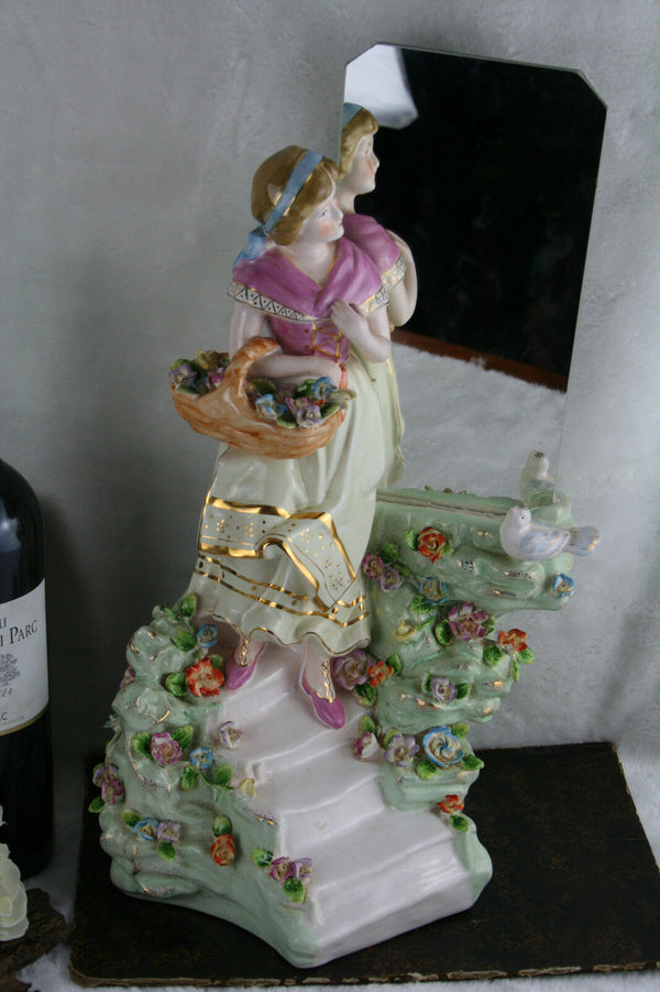 Gorgeous Porcelain majolica flowers Lady figurine bird mirror stairs statue